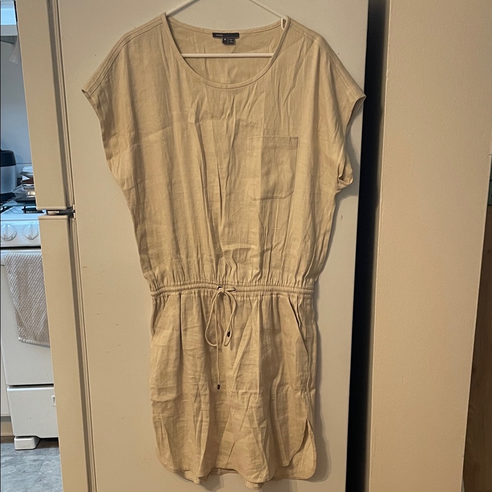 Vince Women’s Medium Linen Blend Tshirt Dress Elastic Waist Short Sleeve Pockets